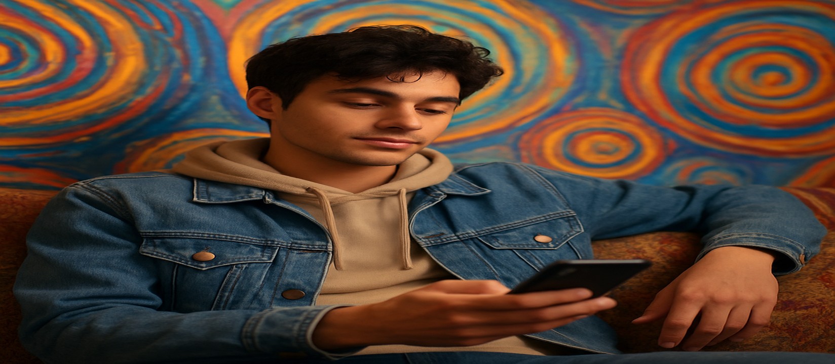 একজন ব্যক্তি সোফায় আরাম করে বসে স্মার্টফোনে tk3666 অ্যাপ চালাচ্ছেন