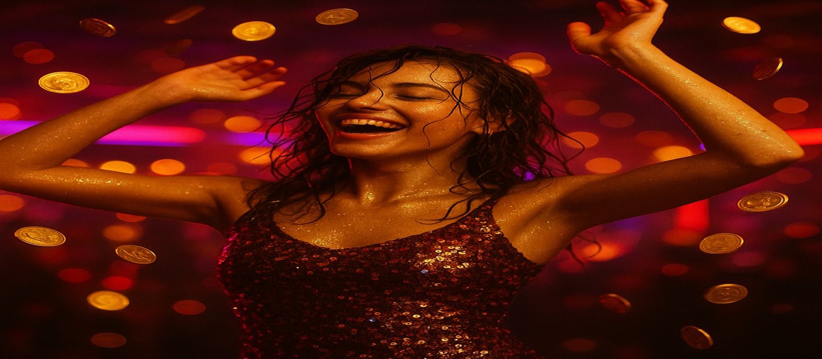 গেমে জয় লাভের আনন্দে উল্লসিত এক নারী, চারপাশে উড়ছে স্বর্ণমুদ্রা