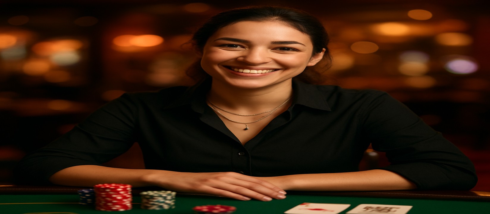 একটি হাসিখুশি মেয়ে একটি কার্ড টেবিলে বসে, সামনে চিপস ও কার্ড রয়েছে, tk3666-সহ গেমিং প্ল্যাটফর্মে বিস্তৃত খেলার পছন্দসমূহ তিনি প্রস্তাব করেন.