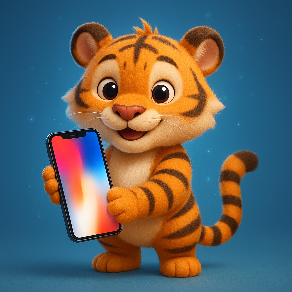 স্মার্টফোনে tk3666 অ্যাপটি ব্যবহার করছে একটি কার্টুন বাঘশাবক