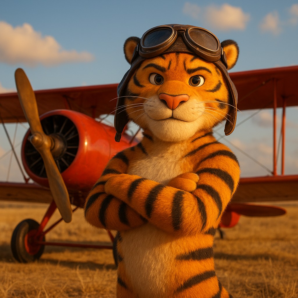 লাল বিমানের পাশে দাঁড়িয়ে থাকা টাইগার পাইলট, এভিয়েটর গেমের প্রতীকের মতো