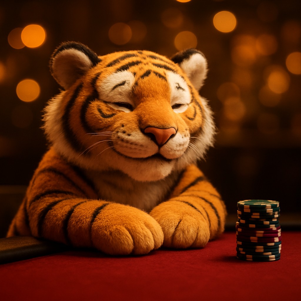 tk3666 গেমিং প্ল্যাটফর্মে টেবিলের সামনে চিপস নিয়ে বসে থাকা হাসিখুশি টাইগার শাবক