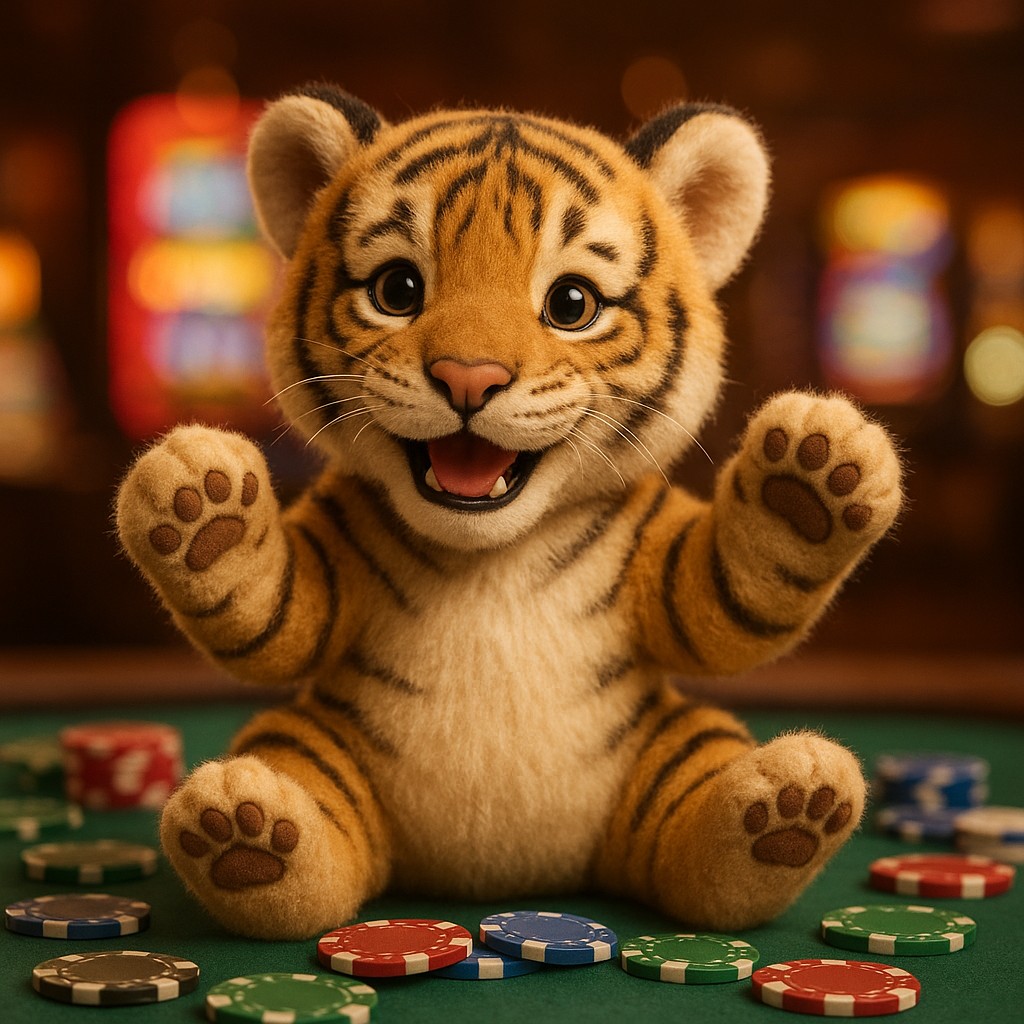 একটি ছোট বাঘের বাচ্চা একটি টেবিলের ওপর খেলার চিপসগুলো নিয়ে বসে আছে.