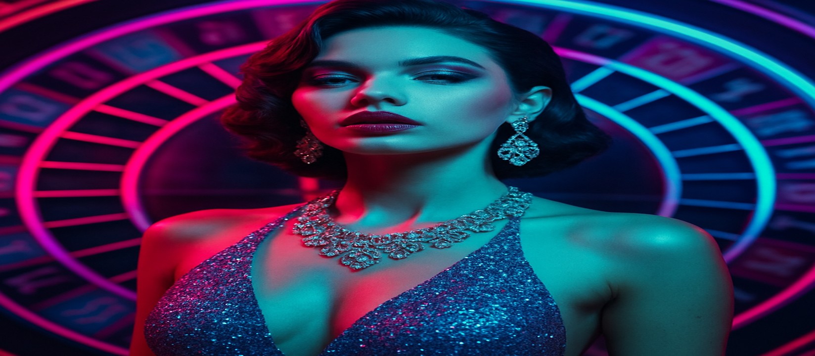 চাকার সামনে থাকা একটি রঙিন গেমিং প্ল্যাটফর্মে উজ্জ্বল পোশাকে এক নারী