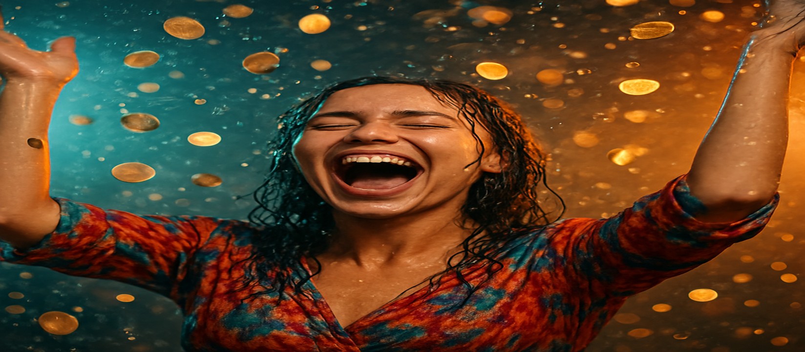 মুদ্রার ঝরনার মাঝে রঙিন পোশাকে একজন নারী